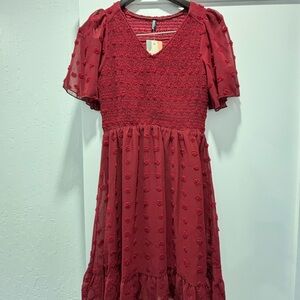 Red Women’s Smocked Bodice Floral Texture Dress